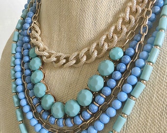 Blue Statement Necklace, Multi Strand Blue Necklace, Something Blue, Blue and Gold Necklace, Blue Bib Necklace Bridesmaid Necklace