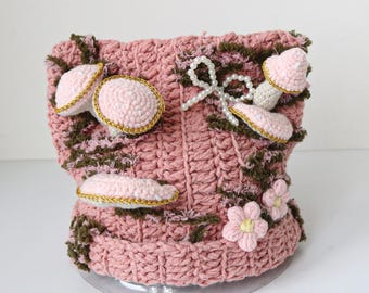 Gorro de ganchillo grueso con forma de seta, gorro estilo cottagecore con flores de setas en 3D y lazo de perlas.