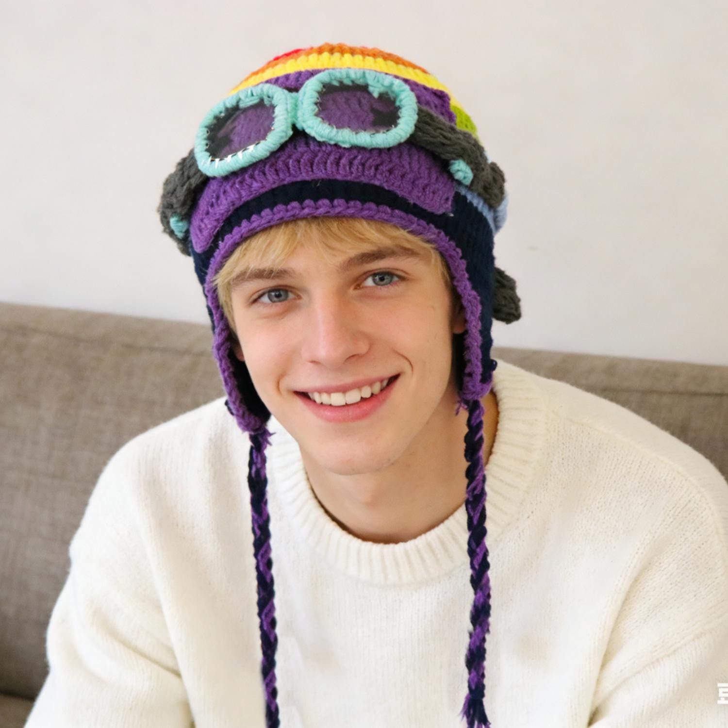 Pilot Crochet Beanie with Goggles, Knit Warm Hat with Ear Flap, Winter Cosplay Handmade Crochet Aviator Pilot Hat With Goggles, Colorful  main image 2
