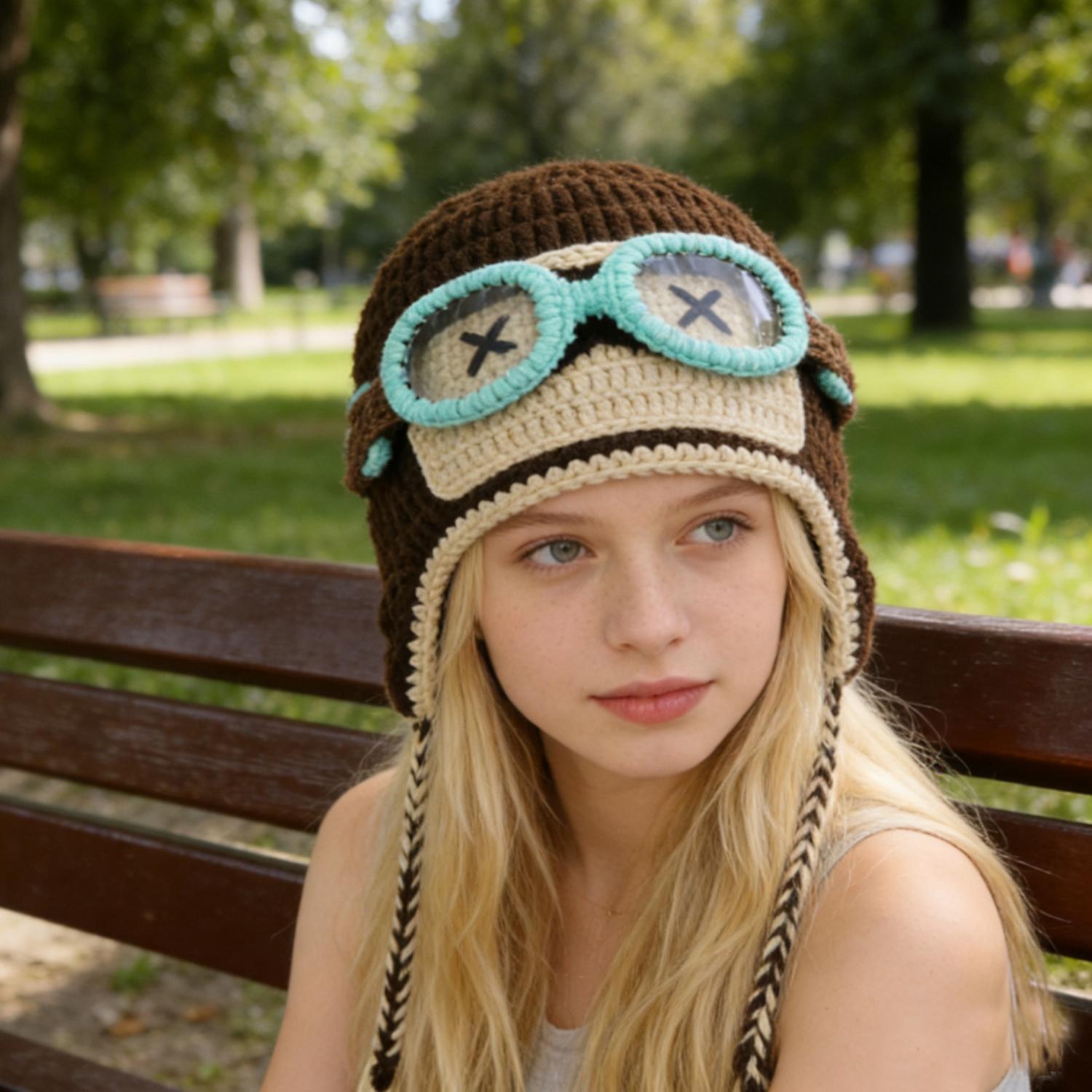 Pilot Crochet Beanie with Goggles, Knit Warm Hat with Ear Flap, Winter Cosplay Handmade Crochet Aviator Pilot Hat With Goggles, Colorful  main image 2