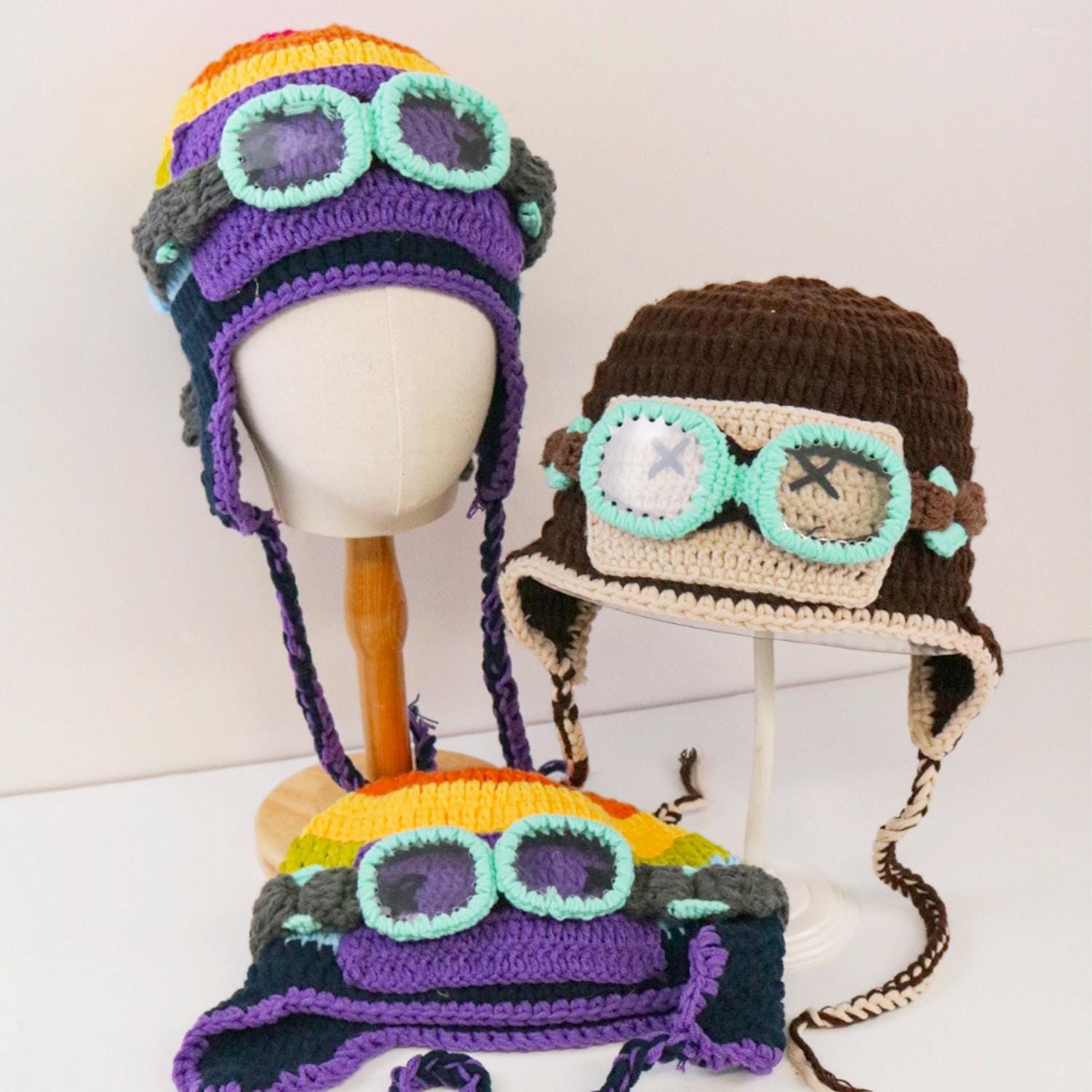Handmade Crochet Aviator Pilot Hat With Goggles, Colorful 