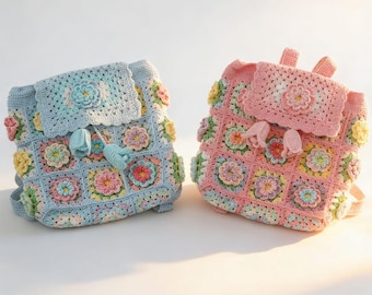 Handmade Crochet Tulip Backpack: Cotton Lined, Floral Adjustable Knit Bag