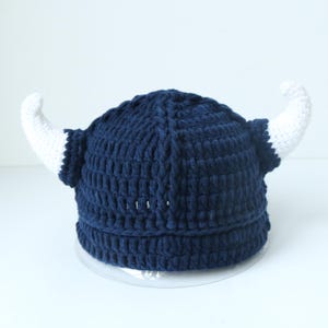 Handmade Crochet Viking Helmet Hat with Horns, Adult Kids Cosplay Accessory NavyBlue