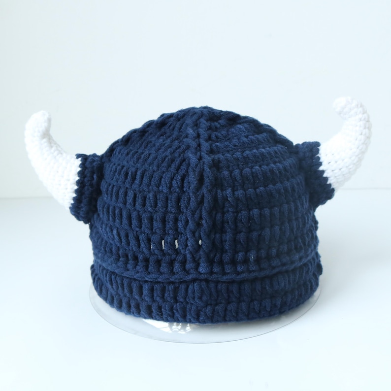 Handmade Crochet Viking Helmet Hat with Horns, Adult Kids Cosplay Accessory NavyBlue