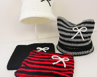 Gorro de orejas de gato de ganchillo hecho a mano, gorro de punto estilo Y2K con rayas kawaii y lazo