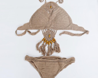 Szydełkowy komplet bikini z drewnianymi koralikami, ręcznie robiony strój kąpielowy boho typu halter, bikini z frędzlami