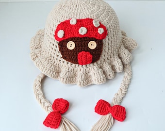 Gorro de muñeca con forma de seta de ganchillo, gorro tipo cubo con volantes, coletas trenzadas, gorro Forestcore