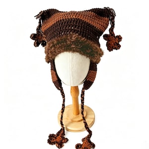 Custom Crochet Cat Ear Hat, Faux Fur Trim Beanie, Y2K Punk Streetwear Style