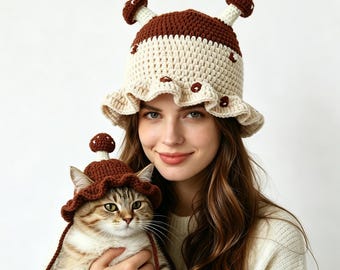 Conjunto de gorro de seta tejido a crochet, sombrero tipo cubo con volantes y antenas 3D (para humanos y mascotas)