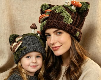 Crochet Cat Ear Mushroom Beanie,Handmade Shroom Hat with Moss, Cottagecore Goblincore Winter Gift