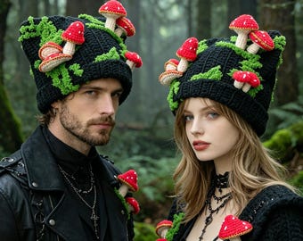 Gorro de ganchillo con orejas de gato y forma de seta, gorro de punto 3D personalizado hecho a mano, regalo estilo cottagecore y goblincore.