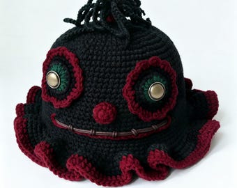 Gorro de monstruo payaso de ganchillo hecho a mano, gorro con volantes espeluznante, accesorio gótico rojo y verde oscuro
