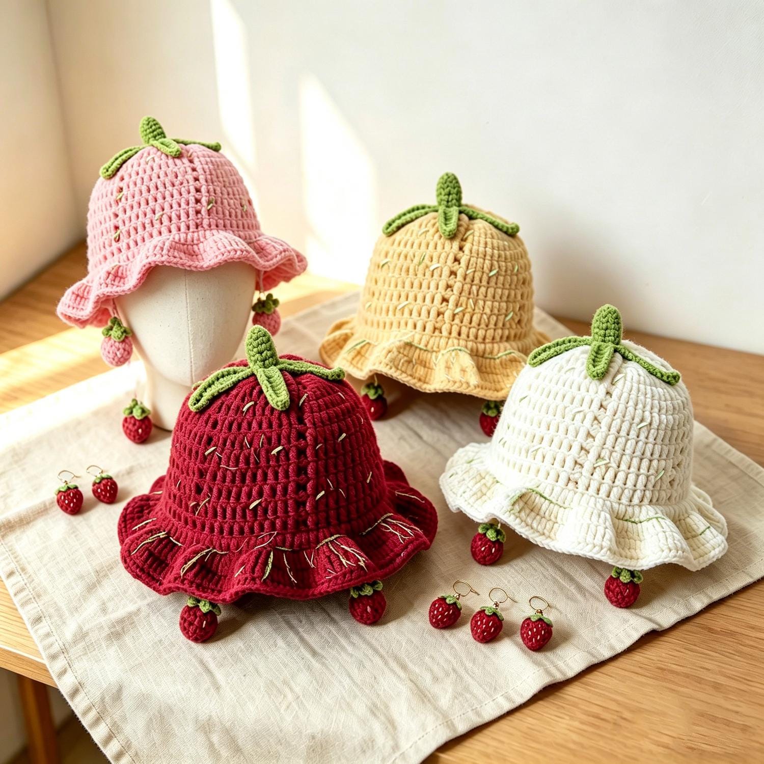 Green and Pink Crochet Hat with Large Earrings Crochet Cap With Earring - Etsy main image 4
