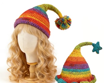 Gorro de mago de ganchillo, a rayas arcoíris, con pompón en la parte superior, borde con volantes, gorro con núcleo de hada.