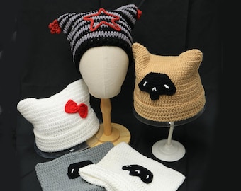 Handmade Crocheted Cat Ear Beanie, Y2K Star Striped Kawaii Knit Hat