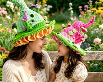 Gorro de bruja de seta de ganchillo, gorro de seta puntiagudo hecho a mano, regalo único para festivales, estilo cottagecore, para niños y adultos.