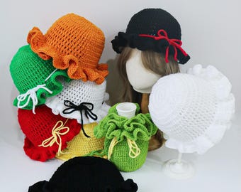 Sombrero tipo cubo con volantes de ganchillo hecho a mano, correa con lazo extraíble, funda para jarrón, color y tamaño personalizados.