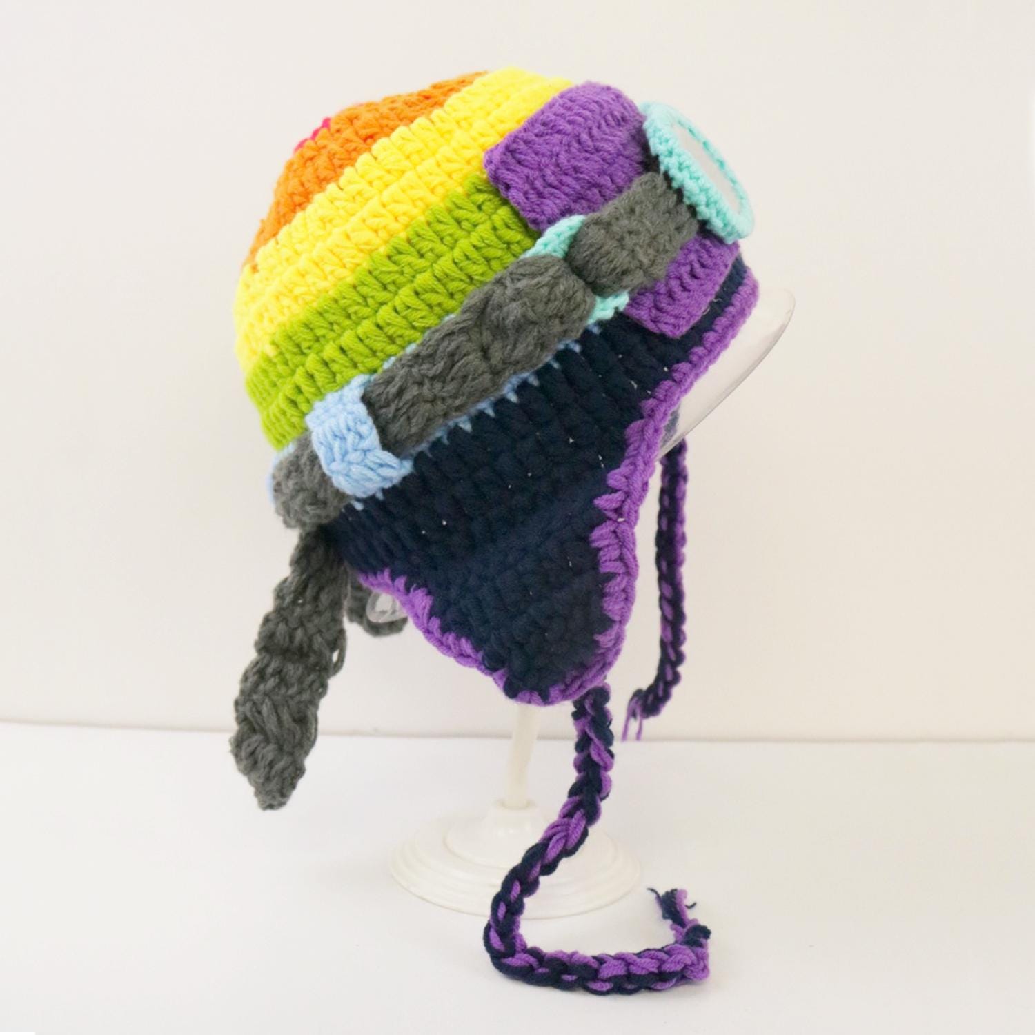 Pilot Crochet Beanie with Goggles, Knit Warm Hat with Ear Flap, Winter Cosplay Handmade Crochet Aviator Pilot Hat With Goggles, Colorful  main image 4