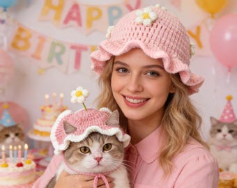 Gorro de ganchillo rosa con margaritas para humanos y gatos, a juego para dueño y mascota.