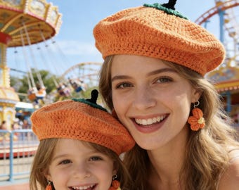Conjunto de boina y pendientes de calabaza de ganchillo hechos a mano / Gorro de otoño para madre e hija