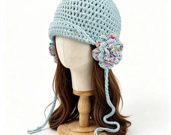 Gorro de ganchillo hecho a mano con orejeras de flores, tejido abierto, corbatas Y2K, estilo cottagecore floral