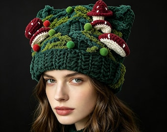 Gorro de ganchillo grueso con forma de seta, gorro de hadas con un toque boscoso y original, tocado personalizado hecho a mano con forma de hongo.