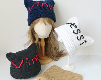 Gorro de ganchillo personalizado con orejas de gato, gorro de gatito, hecho a mano a mano, tallas para bebés y adultos.