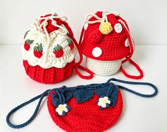 Bolsos de ganchillo con forma de fresa y champiñón, bolso kawaii estilo cottagecore, bolso bandolera para niños.