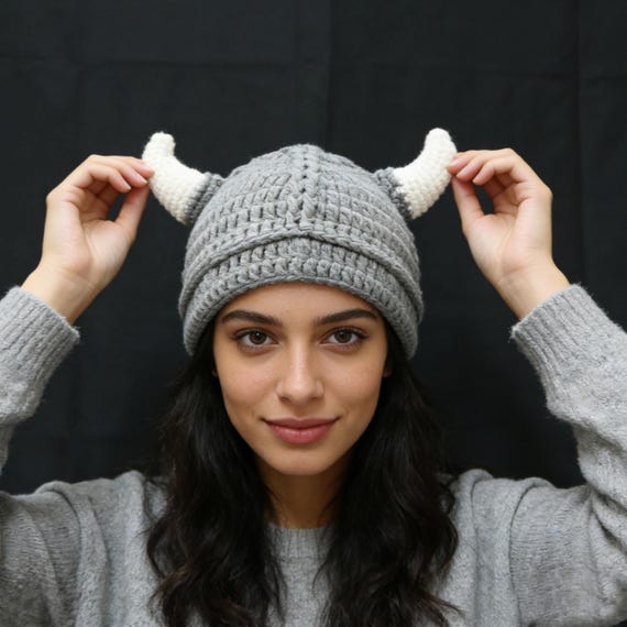 Handmade Crochet Viking Helmet Hat with Horns, Adult Kids Cosplay Accessory