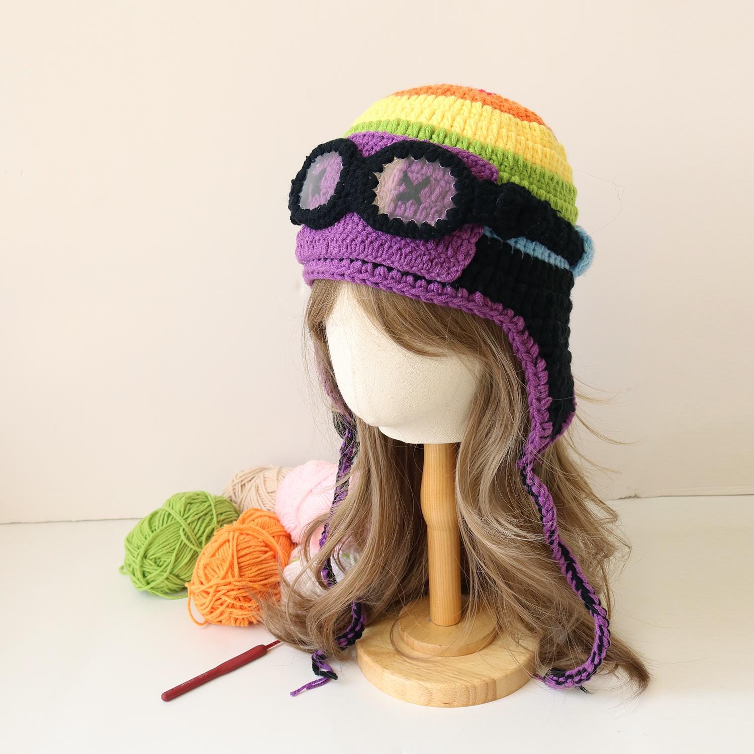 Handmade Crochet Aviator Pilot Hat With Goggles, Colorful  display picture 2