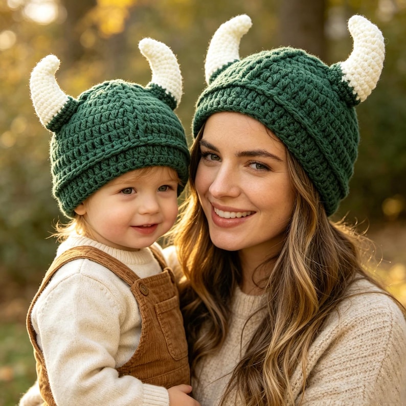 May include: Two matching dark green crochet hats featuring two white, curved horns extending from the sides. The hats are constructed with a textured, ribbed stitch pattern and have a rounded crown design that fits snugly around the head.