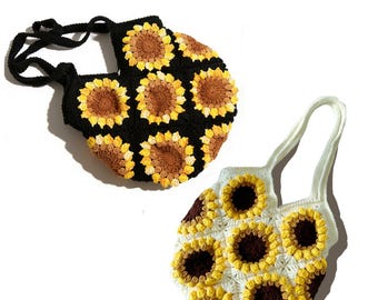 Bolso tote de ganchillo con girasoles hecho a mano, bolso de hombro de punto estilo boho, bolso cruzado para mujer