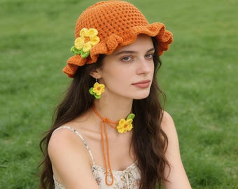Conjunto de sombrero de cubo con volantes de ganchillo y gargantilla floral, accesorio convertible