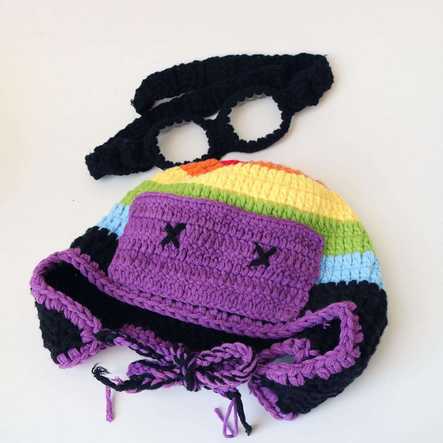 Handmade Crochet Aviator Pilot Hat With Goggles, Colorful 