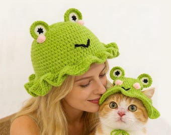 Gorro de rana de ganchillo para humanos y gatos, gorro a juego para dueño y mascota, disponibles por separado y personalizados.