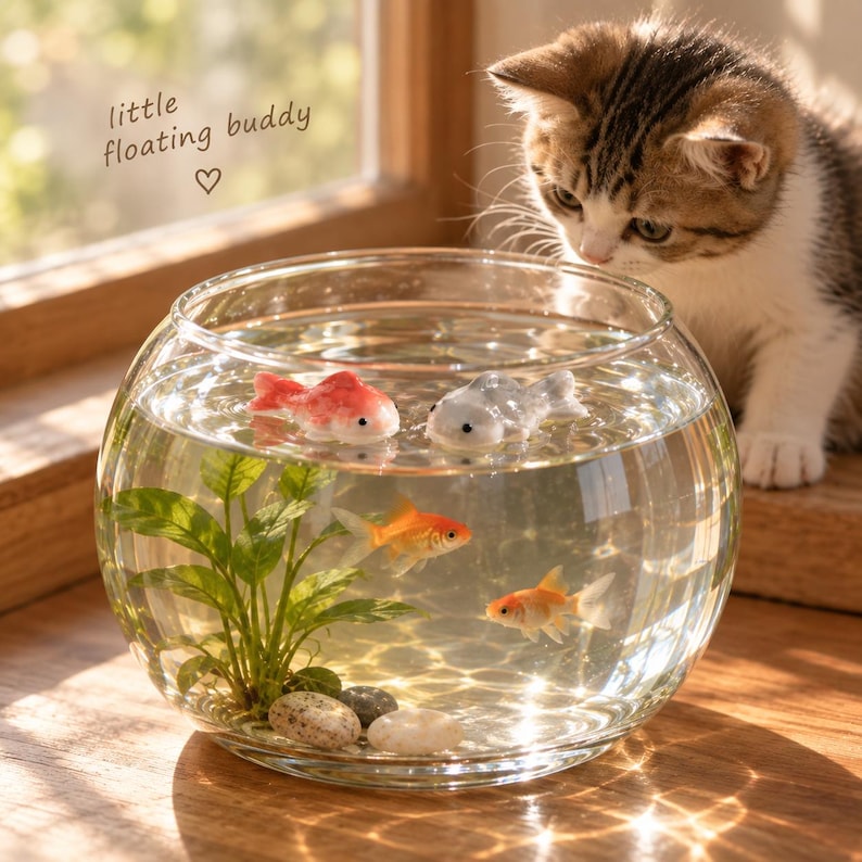 May include: A clear glass fishbowl containing water, a green aquatic plant, smooth pebbles, two small orange goldfish, and two floating fish-shaped ornaments. The text "little floating buddy" is visible above the bowl near a tabby kitten.
