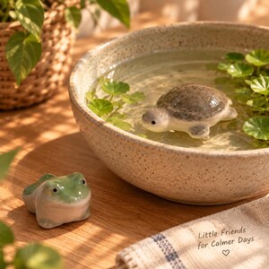 May include: A ceramic bowl with a speckled beige finish filled with water, containing a small grey turtle figurine and green aquatic plants. Beside the bowl sits a small green and white ceramic frog figurine. Text reads: Little Friends for Calmer Days.
