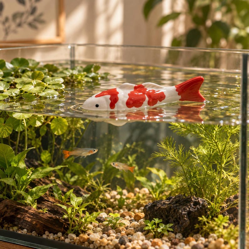 May include: A white ceramic koi fish ornament with red patches floating on the surface of a glass aquarium filled with water, green aquatic plants, and small pebbles, with two small live fish swimming below the decorative ceramic figure.
