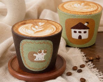 Keramisk kaffekoppsamling, söt kattmugg, lattekopp i stugstil, handgjord espressokopp, mysig present till kattälskare
