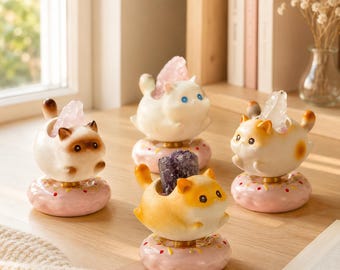 Kristallkattsnurror, kawaii kattskrivbordsdekoration, kattfigur med kristall, snurrande kattprydnad, present till kattälskare, helande skrivbordstillbehör