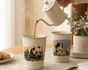 Handgjord kaffemugg med sött djurmotiv | Resemugg i japansk stil | Bärbar mugg | Unika presenter för alla tillfällen (presentförpackning ingår)