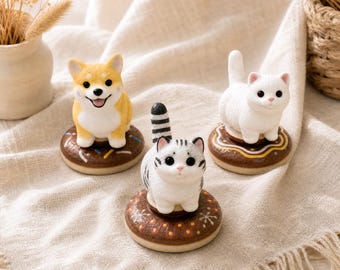 Cute Pet Spinning Desk Decor | Ceramic Fidget Toy | Kawaii Rotating Figurine with Donut Base | Stress Relief Gift | Cute Desktop Decoration