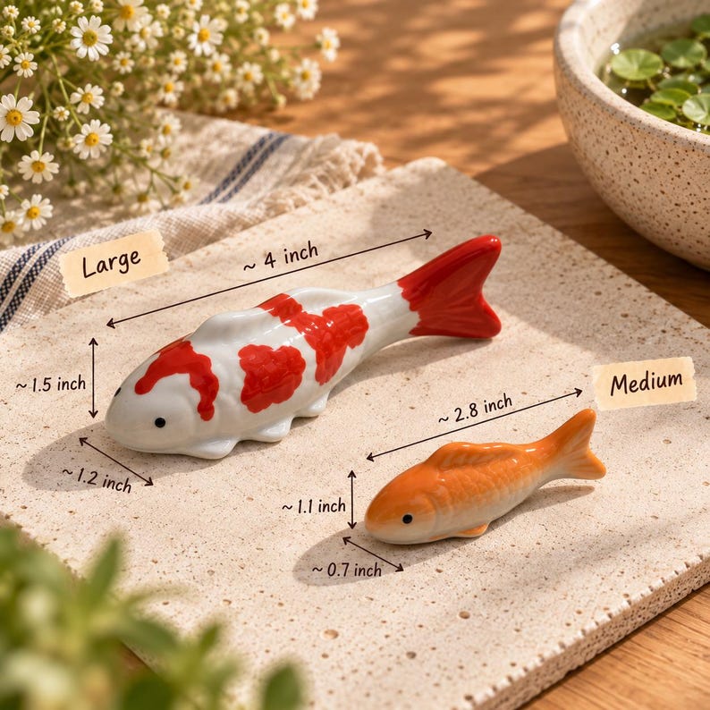 May include: Two ceramic fish-shaped chopstick rests. The large white fish has red spots and measures approximately 4 inches long, 1.5 inches high, and 1.2 inches wide. The medium orange fish measures approximately 2.8 inches long, 1.1 inches high, and 0.7 inches wide.