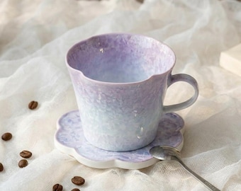 Handgjord kaffekopp med fat i krusad glasyr | Japansk tekopp i keramik | Espressokopp | Unika presenter för alla tillfällen
