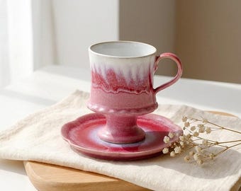 Handgjord keramisk kaffekopp med fat, vintage rosa glasyrmugg, estetisk espressokopp, rustikt tekoppset, present till henne