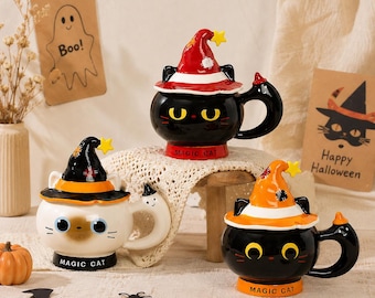 Söt Halloween-mugg med svart katt, handgjord keramisk kattkaffekopp, häxhattmugg, pumpakatt-tekopp, Halloweenpresent