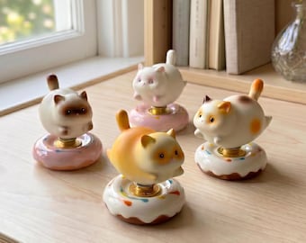 Cute Cat Spinning Desk Decor | Ceramic Fidget Toy | Kawaii Rotating Figurine with Donut Base | Stress Relief Gift | Cute Desktop Decoration