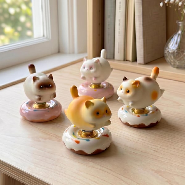 Cute Cat Spinning Desk Decor | Ceramic Fidget Toy | Kawaii Rotating Figurine with Donut Base | Stress Relief Gift | Cute Desktop Decoration