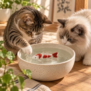 May include: A round, speckled, off-white ceramic bowl filled with water, containing a small, floating, white and red koi fish figurine. A brown tabby cat and a fluffy, long-haired white and grey cat are looking at the fish in the water.