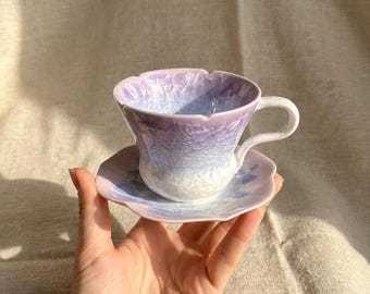 Handgjord kaffekopp med fat i krusad glasyr | Japansk tekopp i keramik | Espressokopp | Unika presenter för alla tillfällen